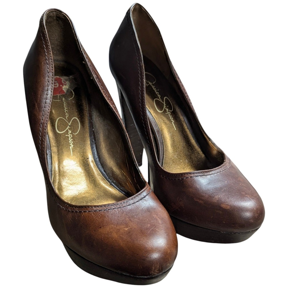 Jessica Simpson Michaela Brown Leather Platform Pumps High Heels Sz 6.5 - Picture 4 of 16